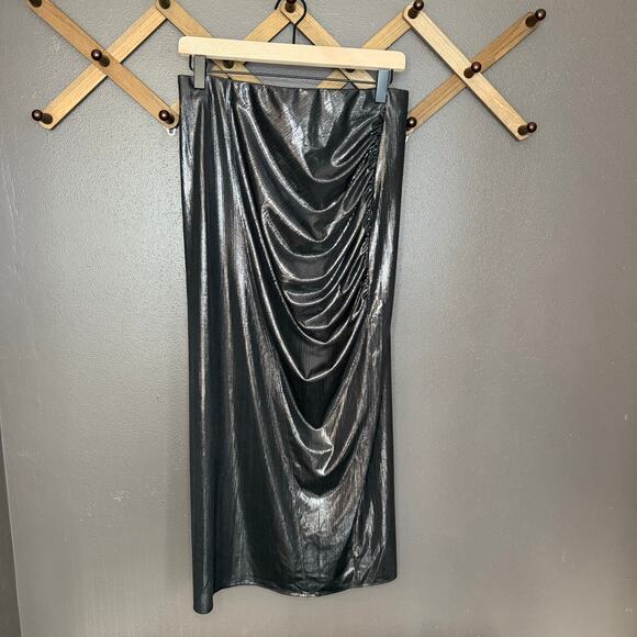 ZARA Draped Ribbed Metallic Maxi Skirt Black Size Medium sardine girl - Picture 1 of 5